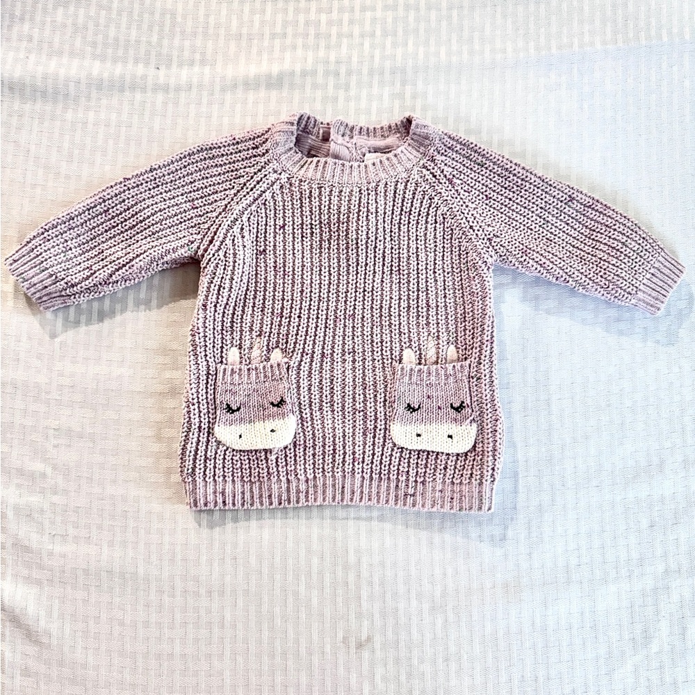 Primark Baby Girl Knit Sweater Dress Unicorn Pocket Purple 0–3M Cozy Winter